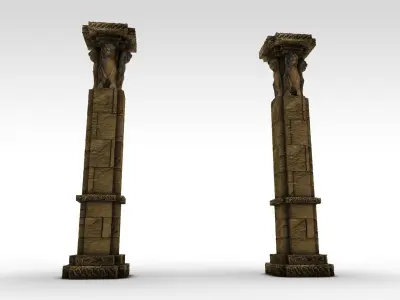 Low poly stone column pillar with lions Low-poly 3D model