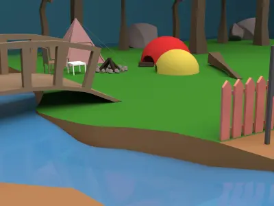 Camp Low-Poly 3D Model town with trees and river Low-poly 3D model