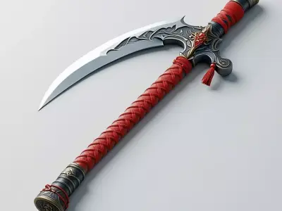 Fantasy War Scythe with Red Wrapping Low-poly 3D model