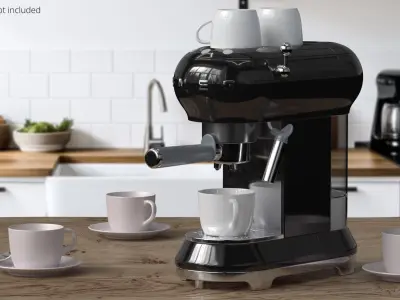 Smeg Espresso Coffee Machine Black with Coffee and Two Cups 3D model