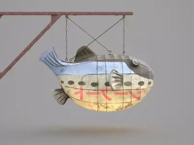 Game Ready Japanese Signs Set Fugu Fish Lantern Low-poly 3D model