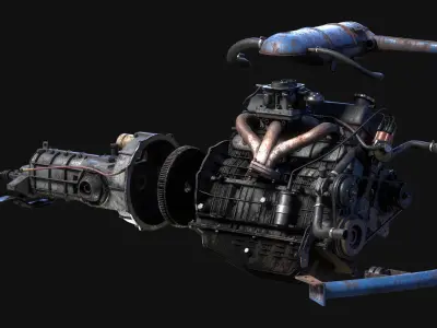 Old car engine Low-poly 3D model