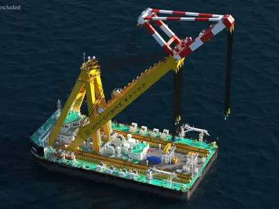 Floating Crane Ship Working Position 3D model