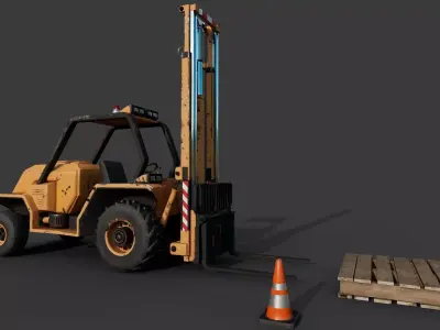 Industrial Forklift and Wood Pallet-Traffic Cone Bundle 3D model