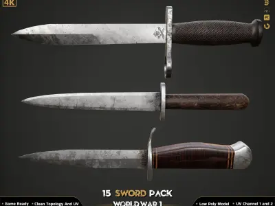 15 Military Sword ww2 Game Ready Low-poly 3D model