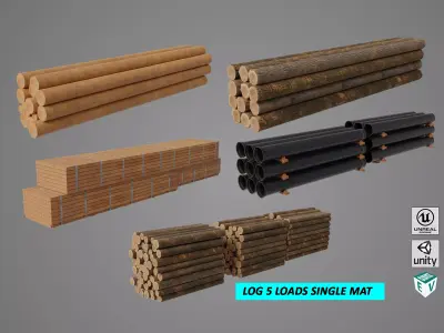 Log Trailer 5 Loads with Single Mat Collection All PBR Textures Low-poly 3D model