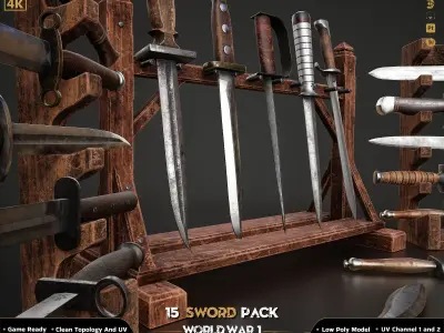 15 Military Sword ww2 Game Ready Low-poly 3D model