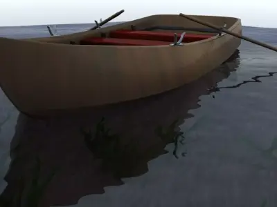 Simple wooden rowboat and fishing boat Low-poly 3D model