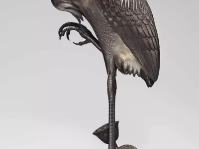 Bronze Heron Sculpture Realistic Bird Lotus Base Patina Finish Low-poly 3D model