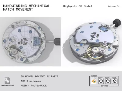Mechanical handwinding watch movement 3D model