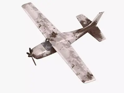 White realistic destroyed propeller plane Low-poly 3D model