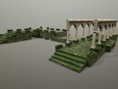 Altar Set stone wall with grass Low-poly 3D model