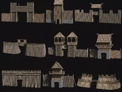 VIKING NORSE WALLS WATCHTOWER TOWER GATE MEDIEVAL COLLECTION Low-poly 3D model