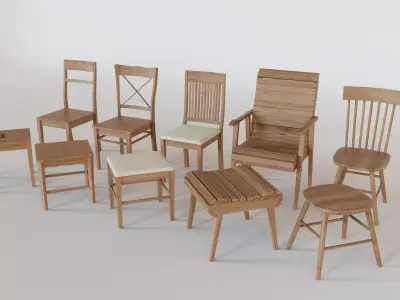 3D classic wooden chairs and stools Free 3D model
