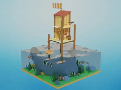 Low Poly Hut on the Ocean 3D Model Low-poly 3D model