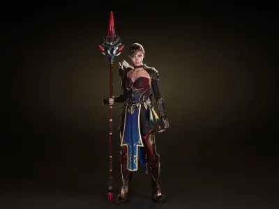 Spearwoman game character Low-poly 3D model