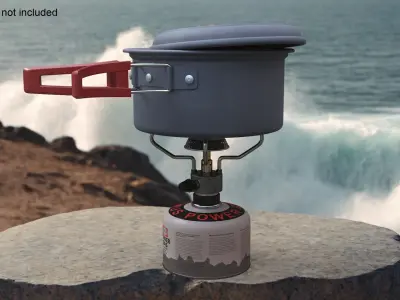 Hiking Soup Pot Red Handle Gas Stove Setup 3D model