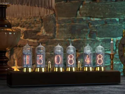 Nixie Tube Digital Desk Clock Wood Brass 3D model