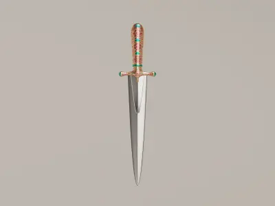 Oriental ceremonial dagger with golden handle and decorations Low-poly 3D model
