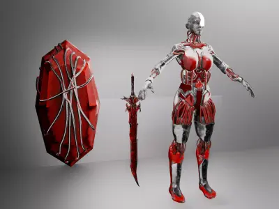 cyberpunk Female Warrior SciFi Character With Sword And Shield Low-poly 3D model