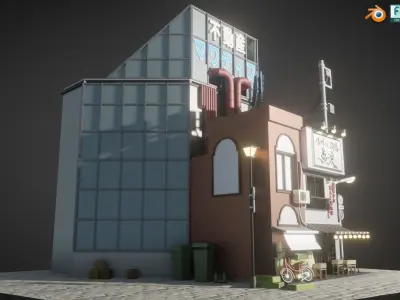 Stylized Japanese Street corner Store and Shops Low-poly 3D model