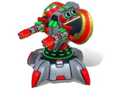 6 Barrel Robotic Automatic Cannon Low-poly 3D model