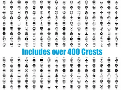 Japanese Battle Flags Pack 2 Styles over 400 Crests HQ War Low-poly 3D model