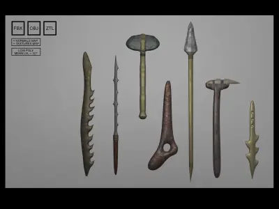 PACK of Primitive tribal weapons and tools Low-poly 3D model