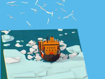 Isometric Boat breaking Ice North pole sea Icebreaker  Low-poly 3D model