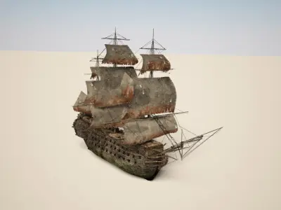 Three-deck linear galleon period 16-18 century Pirate ship Low-poly 3D model
