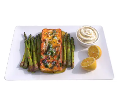 Greek Marinated Salmon Steak with Asparagus Low Low-poly 3D model