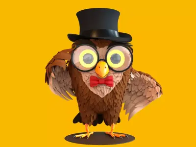 Stylized Cartoon Owl Character with Top Hat Glasses and Bow Tie Low-poly 3D model