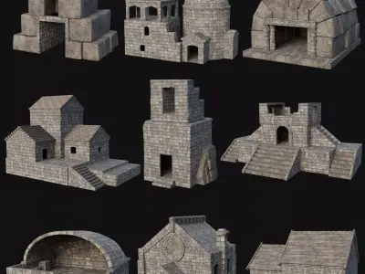 STONE BUILDING CONSTRUCTION HOUSE TEMPLE ANCIENT RUIN COLLECTION Low-poly 3D model