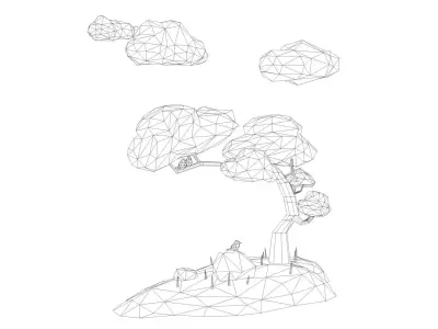 Tree low poly cherry on island with clouds Low-poly 3D model