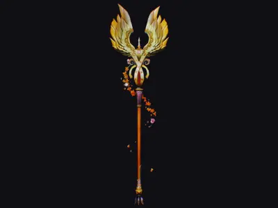 Magical Staff Magic Stick Fantasy Wand Golden Bird Wing Item Low-poly 3D model