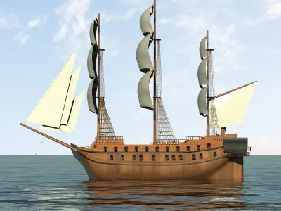 Battleship wooden sailing ship floating in ocean 3D model