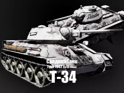 T-34-76 - Soviet Medium Tank - Type 1942 - Winter Coating Low-poly 3D model