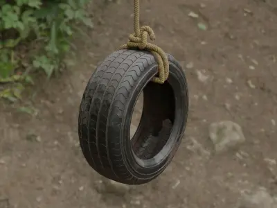 Old tree hanging car tire swing Low-poly 3D model