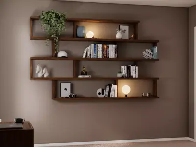Wall-Mounted Modular Wooden Shelf and Modern Interior Furniture Low-poly 3D model