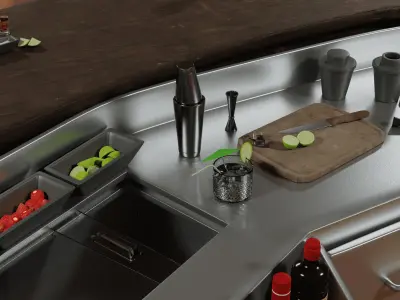 Professional Curved Cocktail Bar Station and Underbar Set 3D model