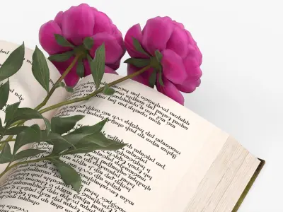 Open Book with Two Purple Peony Flowers 3D model