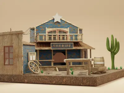 Western town with houes of the sheriff Low-poly 3D model