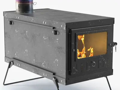 Portable Camping Stove with Live Fire and Tall Pipe Black 3D model