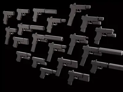 Stylized Low Poly Glock -20 Variations Game Ready Low-poly 3D model