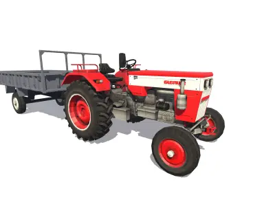 Tractor with Trolley Low-poly 3D model