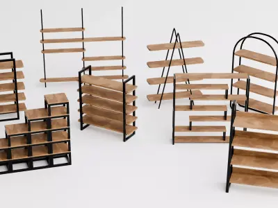 Modern Wooden Shelf and Display Rack Pack Low-poly 3D model