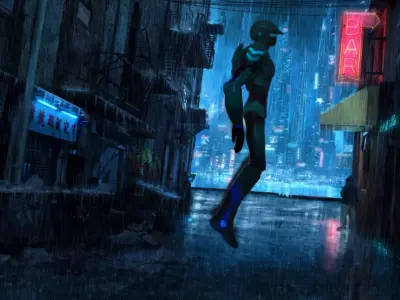 Jetboy man in rainy city 3D print model