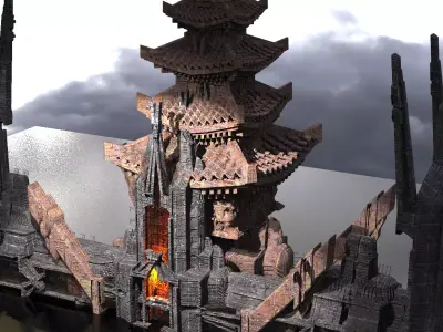 cyberpunk AsianTower Floating Kitbash 3 3D model