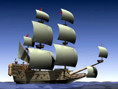 Galleon model pirate ship floating in ocean 3D model