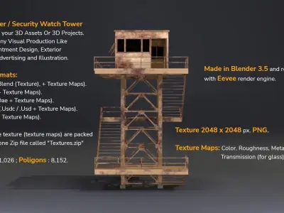 PBR Low Poly Guard Tower Security Watch Tower Cream Rusted Low-poly 3D model